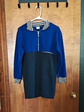 Vintage Cheetah Blue and Black Half-Zip Striped Collar Sweater